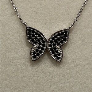 Elegant Cubic Zirconia Encrusted & Black Crystal 925 Silver Butterfly Necklace